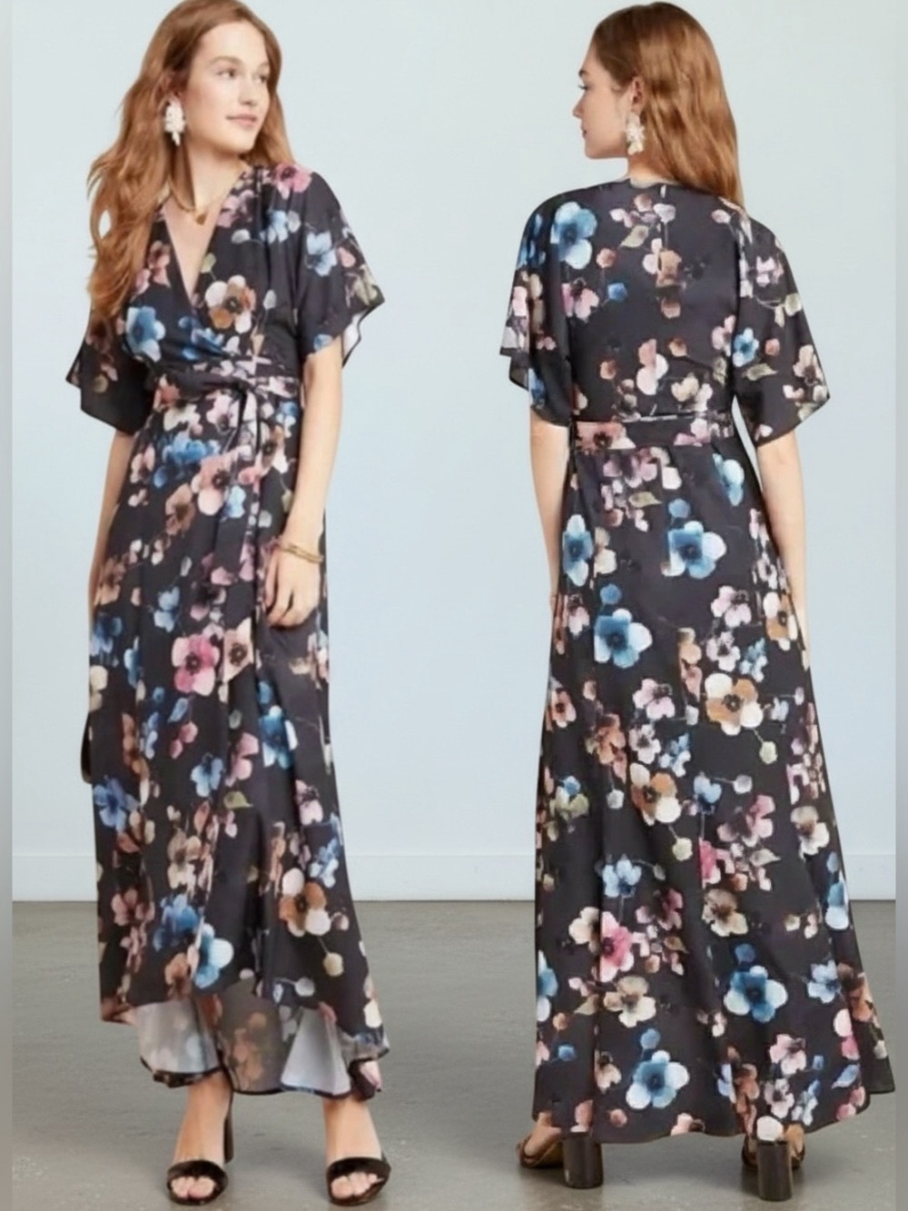 Anthropologie Monaco Hutch Black Floral Wrap Maxi Dress Size Small